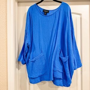 JNY Jones New York Women's 2X Blue Two Pocket 3/4 Sleeve Tunic Top, Blue, 3X